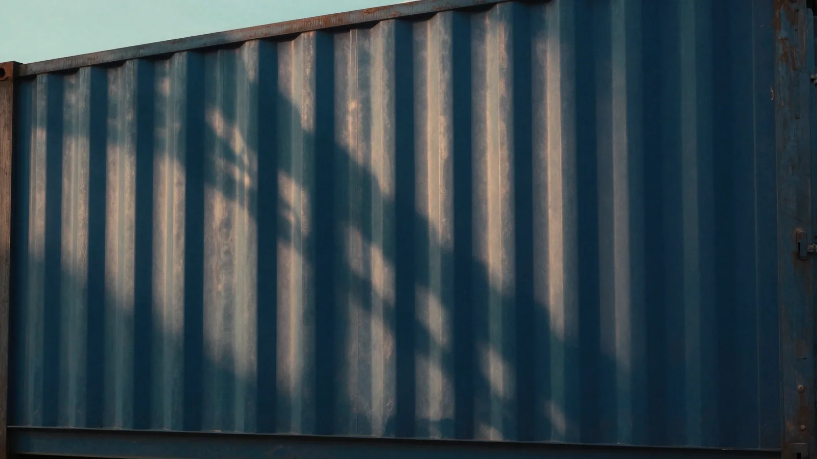 Blue cargo container under a crane shadow