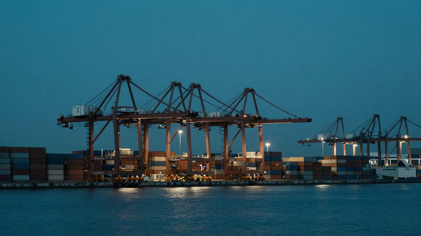 Container port glowing at blue hour